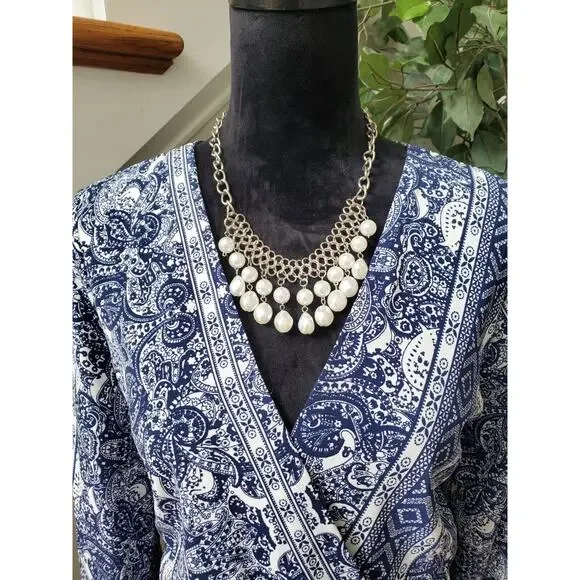 Charlotte Russe Womens Blue White Paisley Long Sleeve V-Neck Knee Length Dress L - Picture 10 of 15